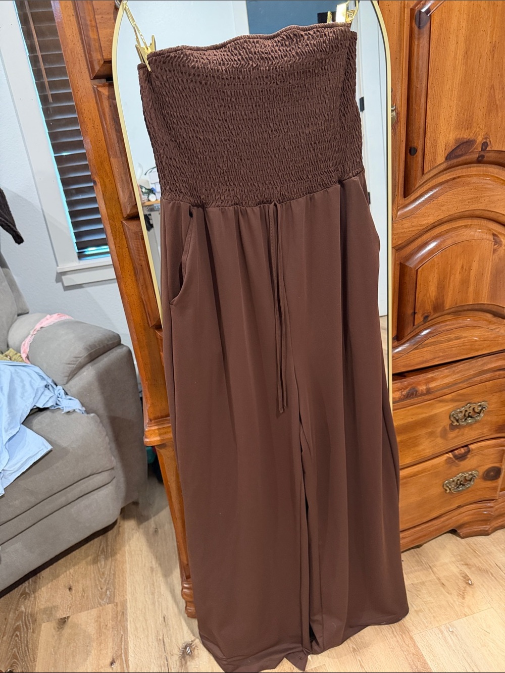 HALARA Chocolate Brown Strapless Smocked Jumpsuit